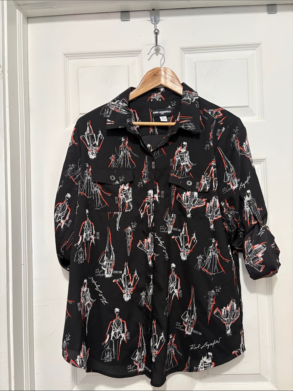 Karl Lagerfeld Black Blouse with Red & White Sketch Print